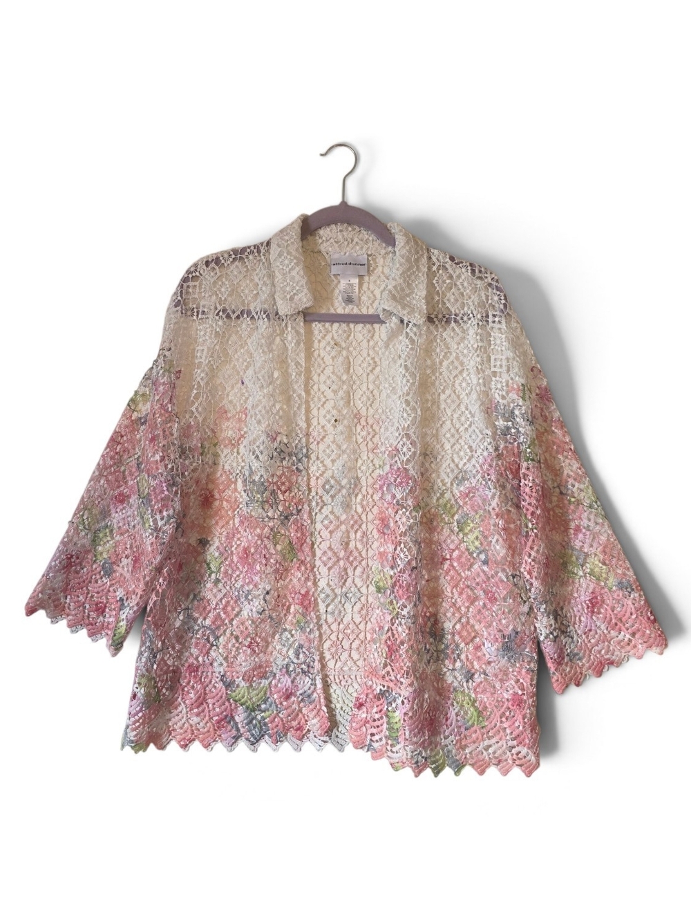 Vintage Alfred Dunner Sheer Lace Floral Open Front Jacket Size Small Women